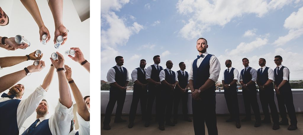 Hard Rock Riviera Maya destination wedding. Photos by Rich Paprocki in Rochester NY. Groomsmen lineup with cheers