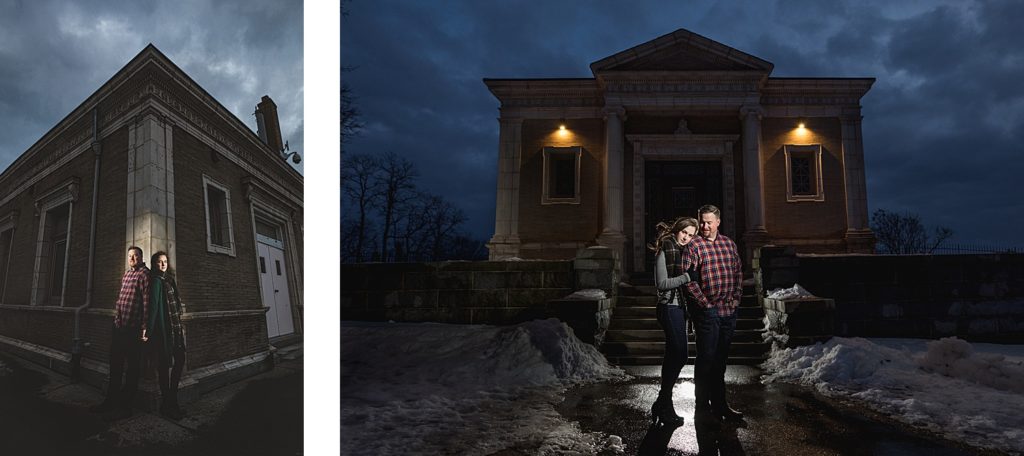 Night engagement photos with off camera flash in Rochester New York